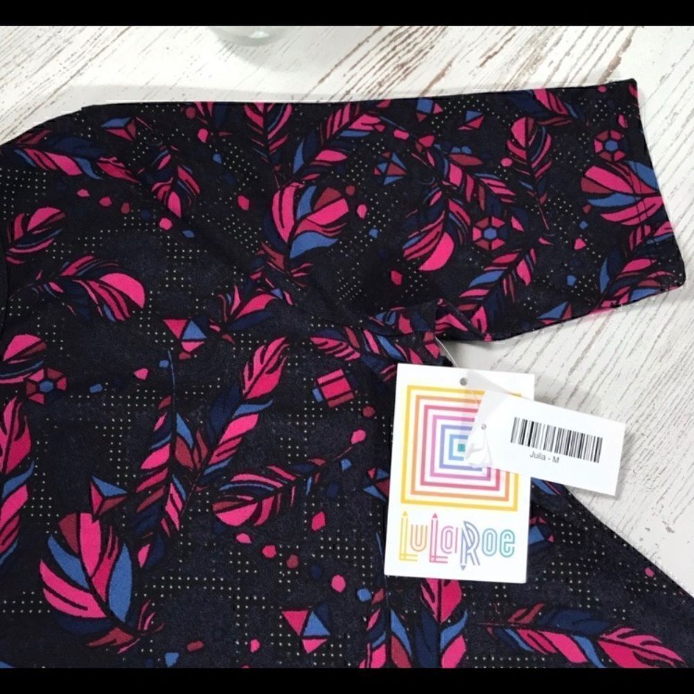 LuLaRoe feathers pink black Julia dress Medium NWT
